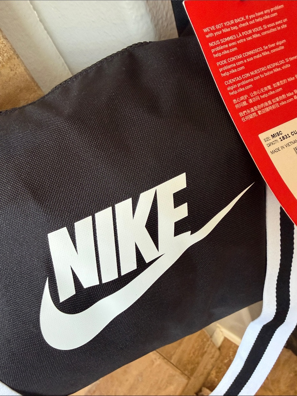 Nike Black Duffel Bag with White Swoosh and Striped Straps overnight gym sports - Picture 2 of 11